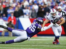 Chris Hogan recibe el pase de anotación de 28 yardas a la yarda 2 de los Vikingos. AFP / B. Carlsen