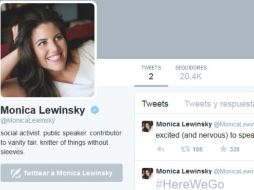 '#AquiVamos', escribe escuetamente en su primer tuit. TWITTER / @MonicaLewinsky