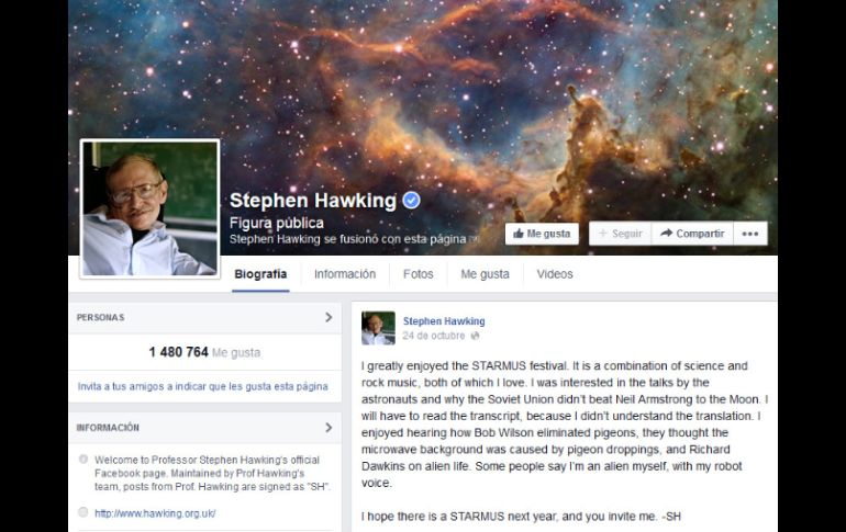 En el perfil se pueden observar varias fotografías del científico y del universo. FACEBOOK / @Stephen Hawking