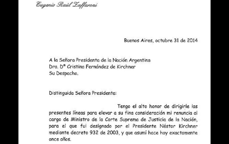 Juez de la Corte argentina renuncia con carta escrita en 