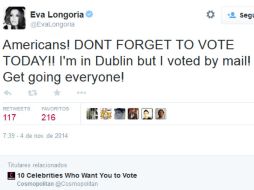 'Estadounidenses, no se olviden de votar hoy', publica Longoria en su cuenta de Twitter. TWITTER / @EvaLongoria