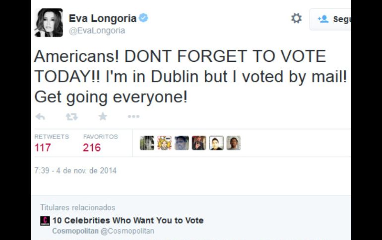 'Estadounidenses, no se olviden de votar hoy', publica Longoria en su cuenta de Twitter. TWITTER / @EvaLongoria