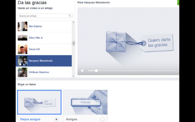 Se elige al contacto al cual se le quiere 'agradecer' y de manera automática, se despliegan las fotografías del usuario con este. ESPECIAL / Facebook