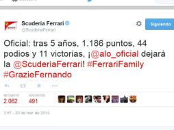 El mensaje de la salida de Alonso del equipo del cavallino rapante fue emitido por la cuenta de twitter @ScuderiaFerrari. TWITTER / @ScuderiaFerrari