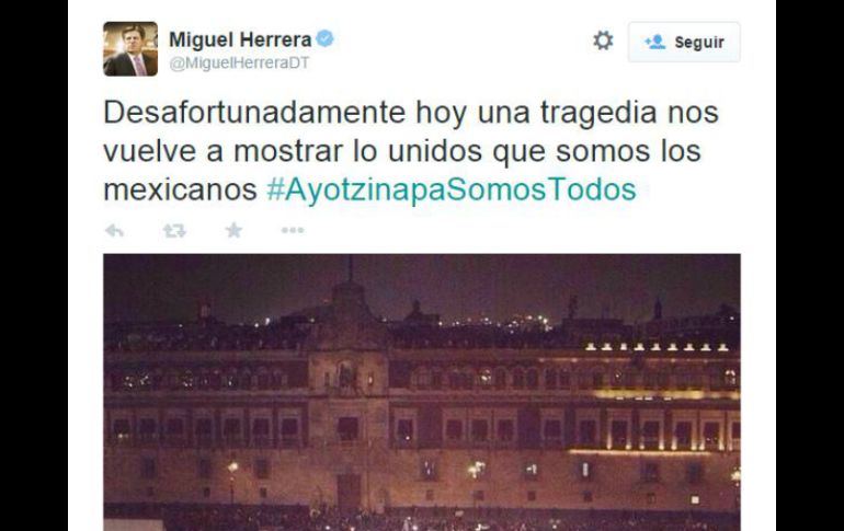 El DT muestra que no está ajeno a los hechos que suceden en el país, a pesar de encontrarse en el extranjero. TWITTER / @MiguelHerreraDT