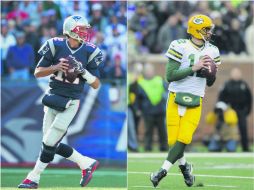 El lanzador de Patriotas, Tom Brady (I), visita a otro de los quarterback de élite de la Liga, Aaron Rodgers, de Green Bay. AFP / ARCHIVO