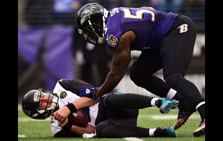 Terrell Suggs derriba al novato Blake Bortles, quien fue capturado en ocho ocasiones. AFP / P. Smith