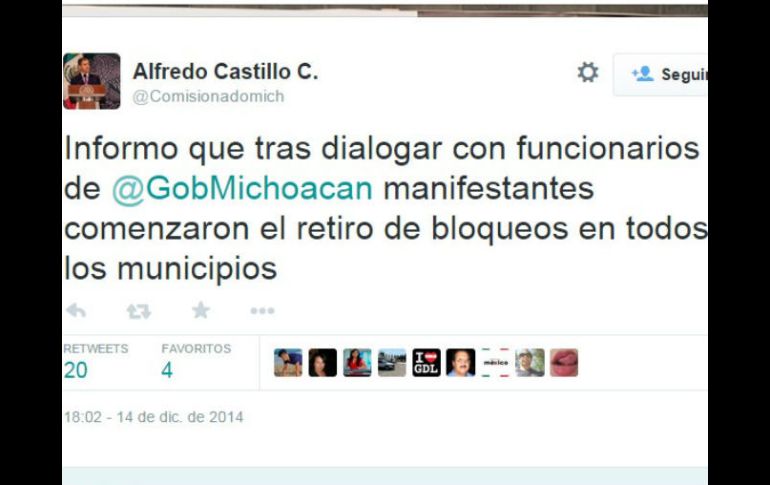 El funcionario hizo el anunció en redes sociales. TWITTER / @Comisionadomich