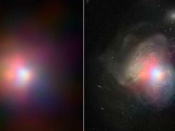 Los nuevos datos revelan que el agujero negro supermasivo en la galaxia en la derecha es uno muy hambriento. AFP / NASA