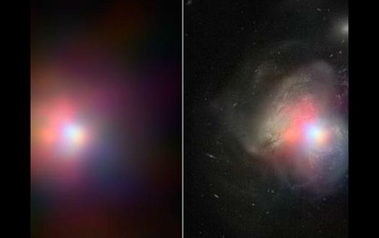 Los nuevos datos revelan que el agujero negro supermasivo en la galaxia en la derecha es uno muy hambriento. AFP / NASA