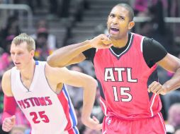 Intenso. El dominicano Al Horford de los Hawks de Atlanta festeja uno de los 14 puntos que anotó anoche. AFP /