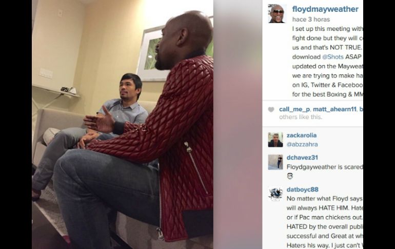 Floyd publicó esta foto en Instagram, donde dice haber definido encontrarse con Pacquiao para conseguir la pelea. INSTAGRAM / @FloydMayweather