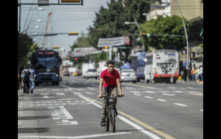 Ciclista recorre tranquilamente Avenida Alcalde. Por las obras de la Línea 3, los automovilistas han optado por otras rutas. EL INFORMADOR / F. Atilano