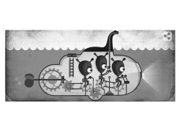 El ''doodle'' ilustra a unos marcianitos que pedalean al interior de un submarino que da cuerpo del mítico animal. ESPECIAL / google.com.mx