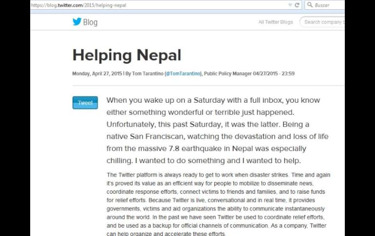 La empresa del pajarito azul se suma a la ayuda internacional por el fuerte sismo en Nepal. ESPECIAL / twitter.com