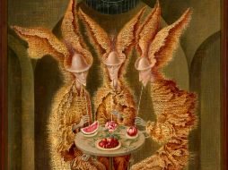 La pintura muestra una escena humorísticamente macabra de tres lánguidos vampiros sorbiendo frutas rojas con largas pajillas. AP /