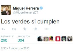 El entrenador se expresa en su cuenta de Twitter. TWITTER / @MiguelHerreraDT