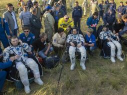 La tripulación estaba compuesta por el ruso Antón Shkaplerov, la italiana Samantha Cristoforetti y el estadounidense Terry Virts. AFP / B. Ingalls