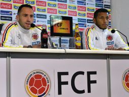 El portero colombiano Ospina y el defensa Valdez en la rueda de prensa previa al partido ante Venezuela. AFP / N.Almeida