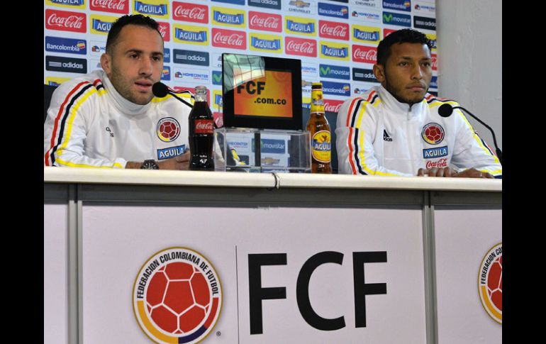 El portero colombiano Ospina y el defensa Valdez en la rueda de prensa previa al partido ante Venezuela. AFP / N.Almeida