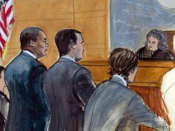 En este dibujo del juicio, Jeffrey Webb (izq.) comparece ante la Juez Magistrado Vera M. Scanlon (der.). AP / E. Williams