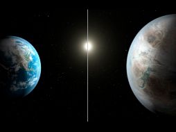 Esta ilustración elaborada por científicos muestra el comparativo de tamaños entre la Tierra (izq) y el planeta Kepler-452b (der). AFP / NASA