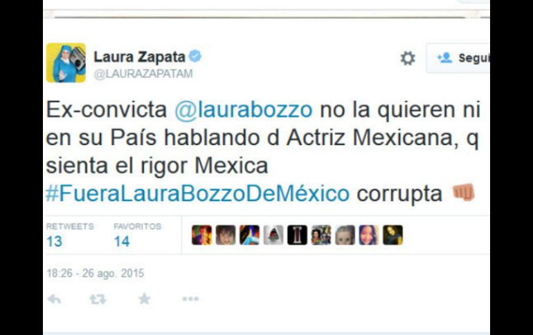 Después de referirse a Bozzo, la actriz retuiteó mensajes de apoyo de sus seguidores. TWITTER / @LAURAZAPATAM