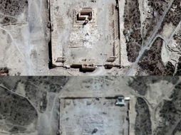 En una imagen de satélite del 27 de agosto se ve con claridad el templo, una estructura rectangular rodeada de columnas. EFE / UNOSAT