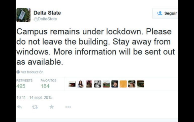 Antes de cancelar las clases, en el plantel se pedía resguardarse dentro de las aulas y mantenerse alejados de las ventanas. TWITTER / @DeltaState