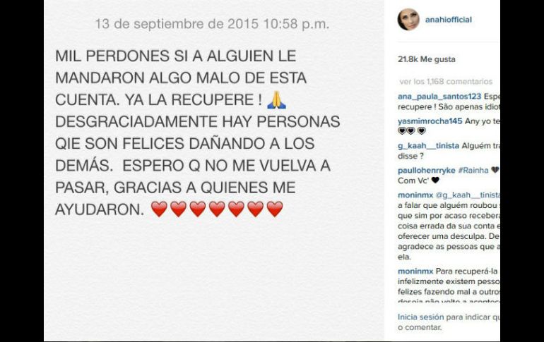 La primera dama de Chiapas se disculpó en un mensaje. INSTAGRAM / @anahioficial