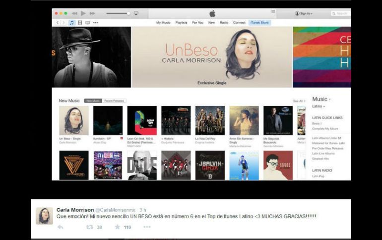 En las primeras horas de lanzamiento ya ocupaba los primeros lugares del Top iTunes Latino, publicó Morrison en Twitter. TWITTER / @CarlaMorrisonMX