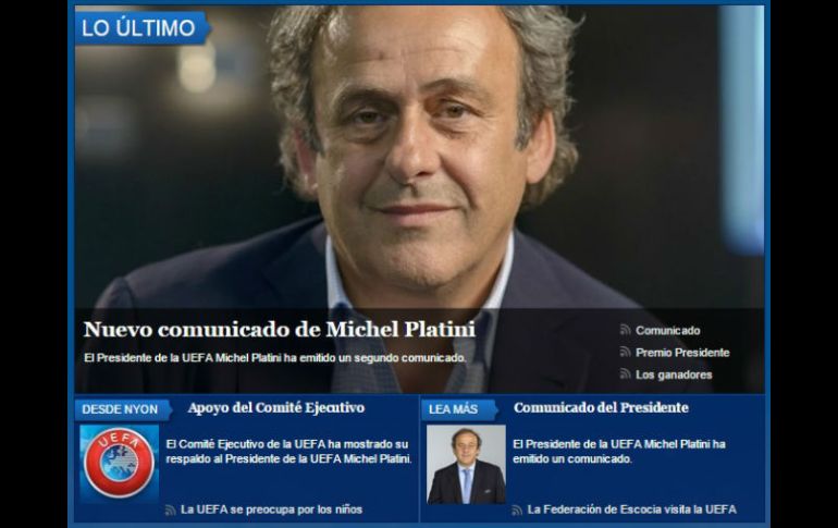 Aunque Platini fue suspendido por 90 días, la página principal de la UEFA mostró un comunicado de quien todavía llaman presidente. ESPECIAL / uefa.org