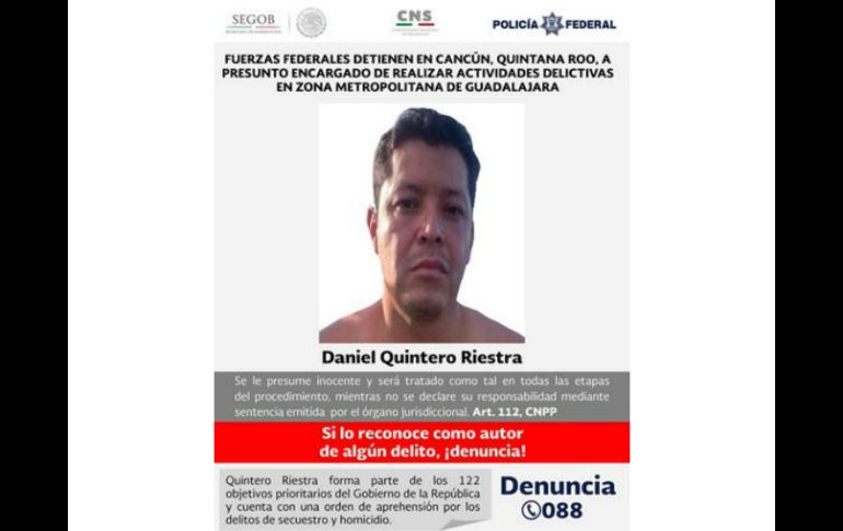 Quintero Riestra fue detenido en Cancún, donde vacacionaba, indica Renato Sales. TWITTER / @PoliciaFedMx