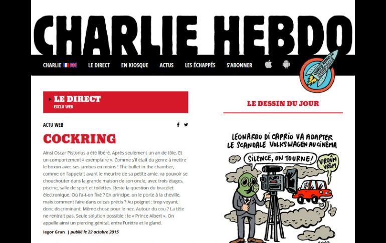 La página propone a los lectores virtuales descubrir de lunes a viernes un texto y una caricatura exclusiva en la sección 'Le Direct'. ESPECIAL / charliehebdo.fr