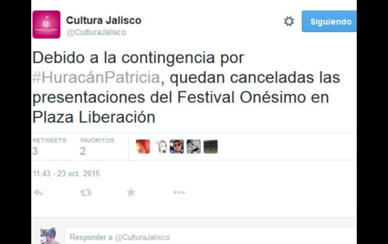 La Secretaría de Cultura informará oportunamente a través de sus canales oficiales las nuevas fechas. TWITTER / @CulturaJalisco