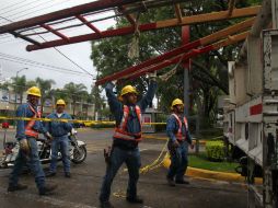 Desde primera hora, trabajadores de la CFE arreglan las fallas en el suministro de energía eléctrica. EL INFORMADOR / R. Tamayo