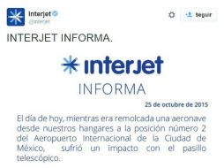 En redes sociales aseguraron que el incidente no hubo heridos pues el avión se encontraba vacío. TWITTER / @interjet