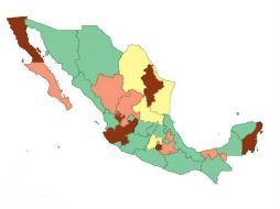 Gráfica del delito de extorsión. Rojo, estrategia fallida; amarillo, éxito parcial; verde, debe rmantenerse y reforzarse. ESPECIAL / semaforo.mx