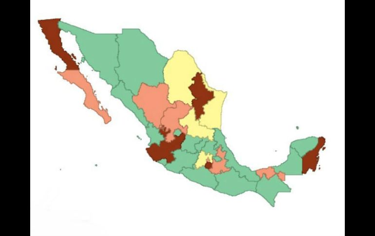 Gráfica del delito de extorsión. Rojo, estrategia fallida; amarillo, éxito parcial; verde, debe rmantenerse y reforzarse. ESPECIAL / semaforo.mx