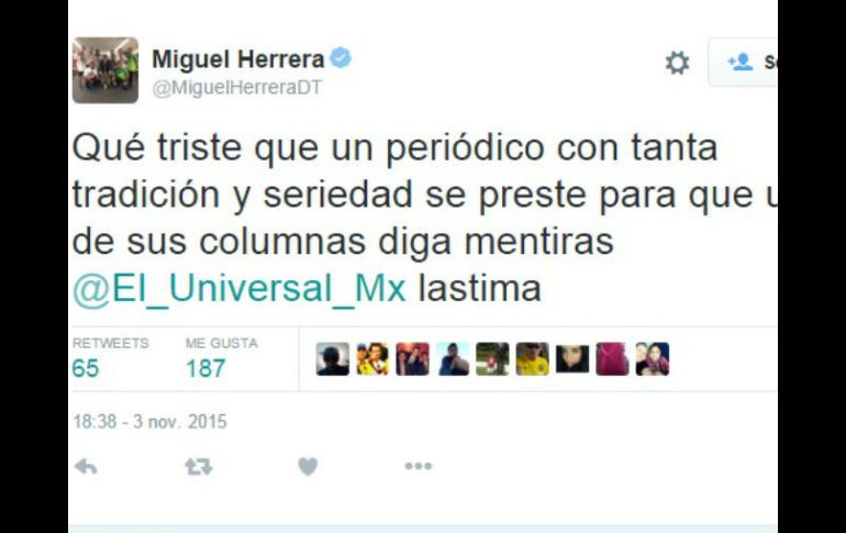 El técnico hizo el comentario en redes sociales. ESPECIAL / @MiguelHerreraDT