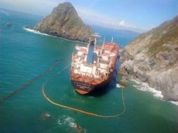 El buque granelero ''Los Llanitos'' encalla el 23 de octubre tras abandonar el puerto de Manzanillo para soportar el paso del huracán. TWITTER / @PROFEPA_Mx