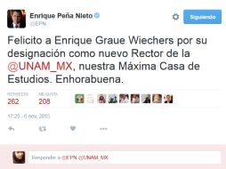 'Felicito a Enrique Graue Wiechers por su designación como nuevo Rector', dice Peña Nieto. TWITTER / @EPN