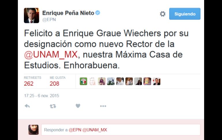 'Felicito a Enrique Graue Wiechers por su designación como nuevo Rector', dice Peña Nieto. TWITTER / @EPN