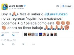 En la publicación, Zapata asegura ser la mujer más feliz al saber que la peruana se había quedado sin trabajo. TWITTER / @laurazapata