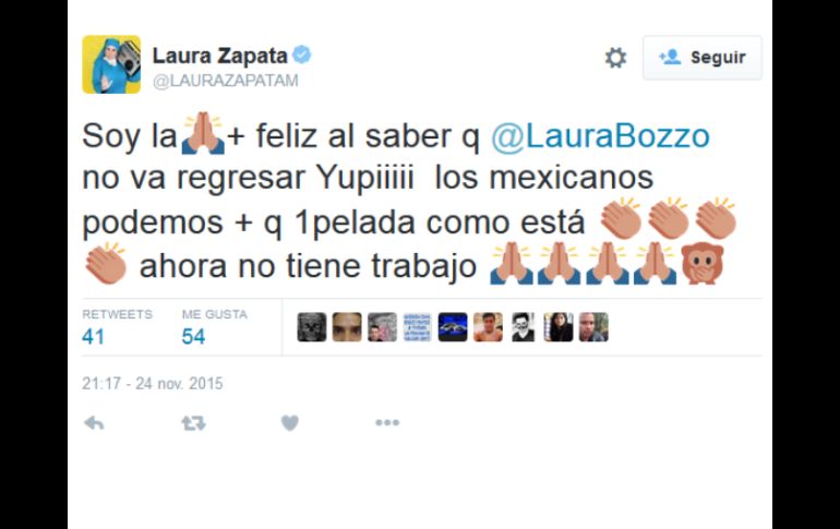 En la publicación, Zapata asegura ser la mujer más feliz al saber que la peruana se había quedado sin trabajo. TWITTER / @laurazapata