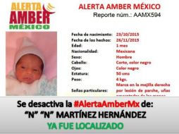 Personal de la Procuraduría General de Justicia entregó el menor a sus padres y fue desactivada la Alerta Amber. TWITTER / AAMBER_mx