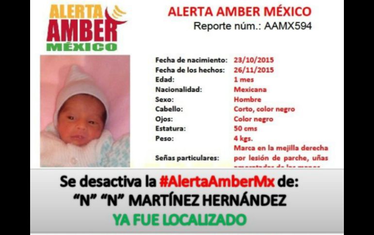 Personal de la Procuraduría General de Justicia entregó el menor a sus padres y fue desactivada la Alerta Amber. TWITTER / AAMBER_mx