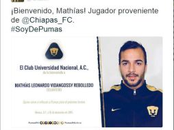 El jugador llegará prestado a la UNAM por parte de los Jaguares de Chiapas; es el segundo refuerzo, después de Hiber Ruiz del Morelia. TWITTER / @PumasMX