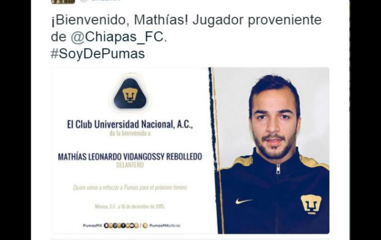 El jugador llegará prestado a la UNAM por parte de los Jaguares de Chiapas; es el segundo refuerzo, después de Hiber Ruiz del Morelia. TWITTER / @PumasMX