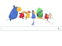 Con sombreros y reloj en mano, las cinco aves miran al huevo que se mueve listo para dar la bienvenida al nuevo año. ESPECIAL / google.com.mx